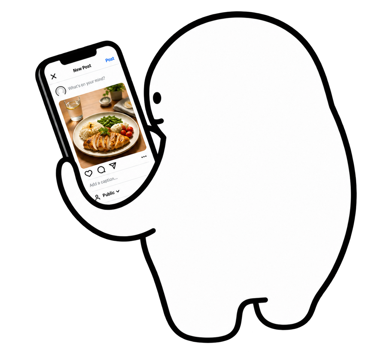 Mascotte NeoDigital mentre prepara un contenuto social dal telefono